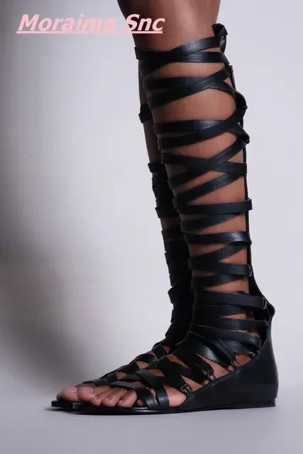 2022 Summer New Knee High Leather Sandal Boots Women Sexy Greek Flat Rear Thin Straps Xena Gladiator Zipper Straps Roman Strappy