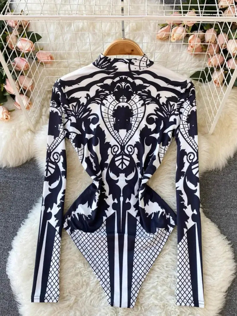 Women Bodysuit 2024 New Spring Fashion Diamonds Long Sleeve T-shirt Casual Streetwear Floral Print Sexy Skinny Bodycon Tops