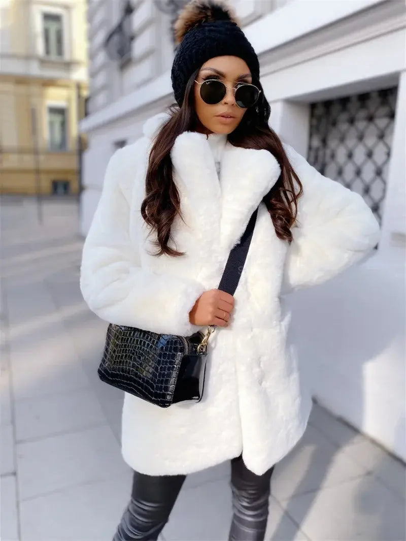 Women Purple Long Sleeve Lapel Winter Coat 2022 New Fashion Temperament Office LadyWhite Fur Jackets Clothing Red