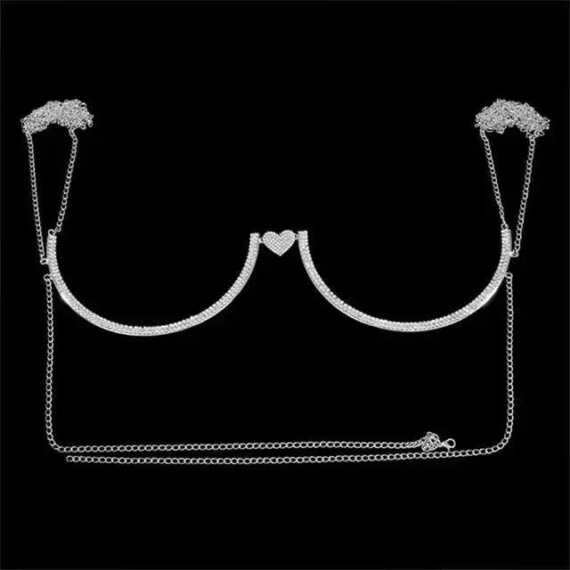 Chest Bracket Double Pendant Heart Bras Chain Necklace Body Jewelry Rhinestone Top Fashion Gift Beach Bikini Swimwear 2022 Women