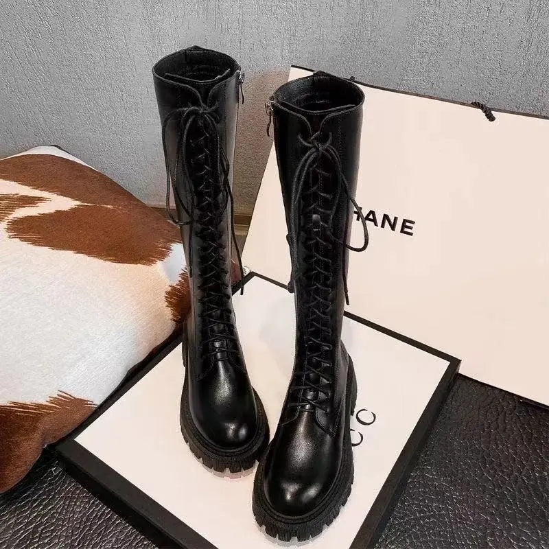 2024 new Leather Knee High Boots women's Shoes Fashion Autumn Winter Blue Beige Black Lace-up Riding Boots 34-40