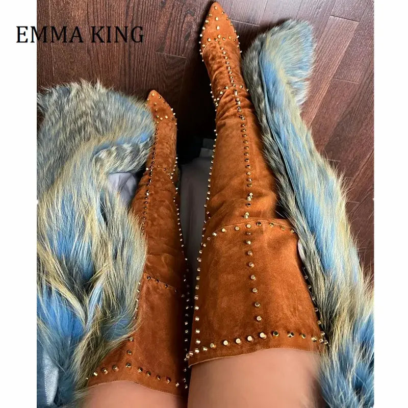 2021 Newest Women Studded Rivets Long Boots Brown Faux Suede Over the Knee Thigh High Boots Sexy Women Shoes Botas Altas Mujer