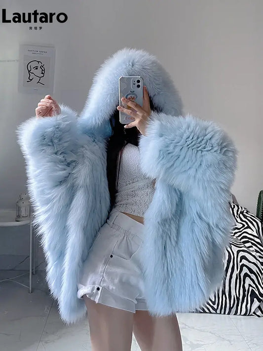 Lautaro Winter Shaggy Hairy Thick Warm Soft Colored Faux Fur Jacket Women with Hood Bat Sleeved Loose Casual Designer Clothes