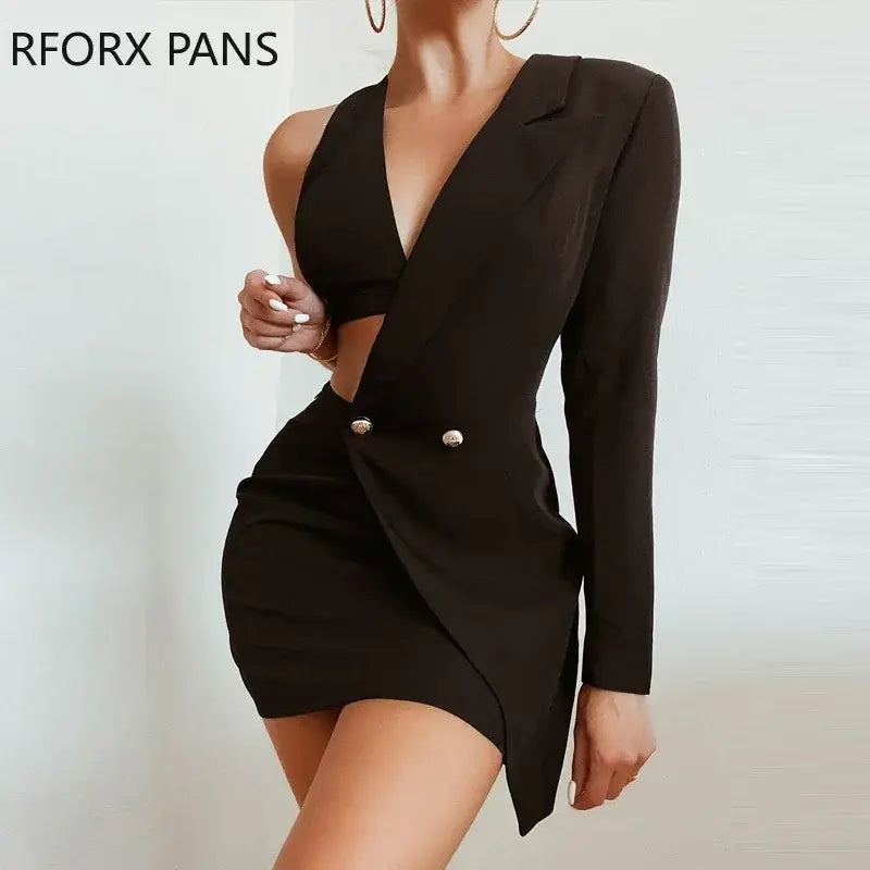 Women Solid One Shoulder Bodycon Midriff Party Blazer Dress