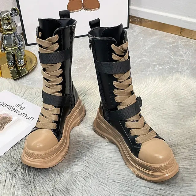 Stylis 2024 Cross Straps Female Platform Boots Autumn Winter Thick-soled Mid-tube Plus Velvet Ankle Boots Women