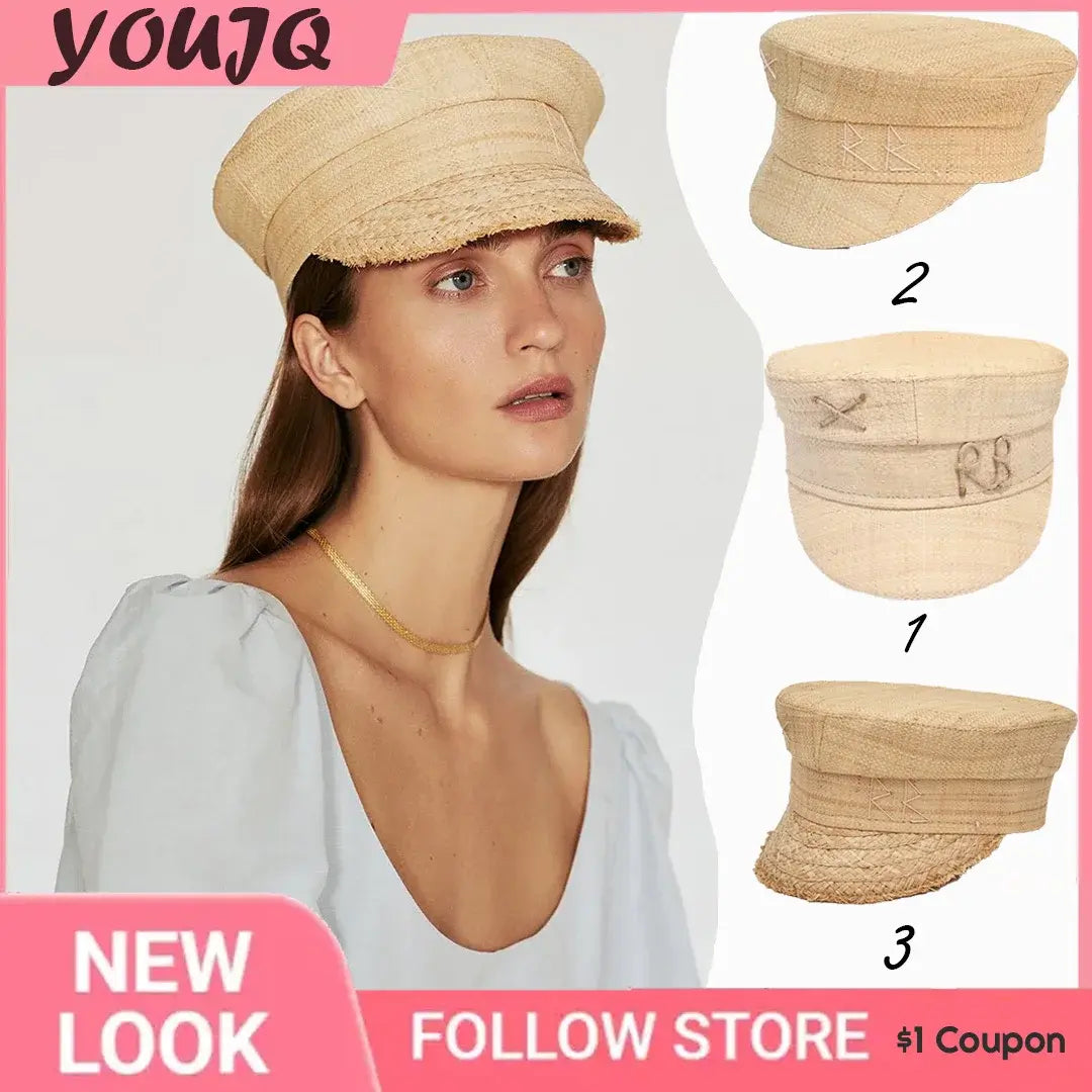 Brand Summer Raffia Straw Hats for Women Beret Letter Military Hat Causal Travel Flat Top Sailor Cap Large Headband Small Caps