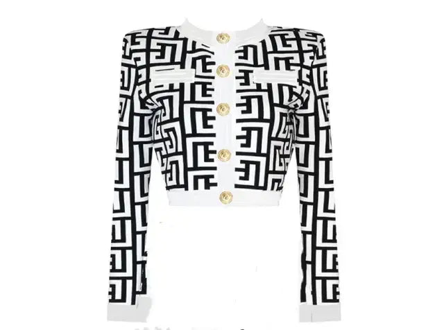 Fashion Celebrity Black White Jacquard Lady Set 3 Pieces Set Long Sleeve Rayon Bandage Set