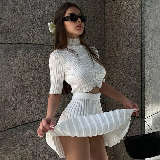 Elegant Solid Knit Skirts Sets Autumn Casual Short Sleeve Turtleneck Sweater and Mini Slim Skrts Two Piece Sets Party Clothing