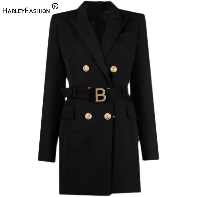 HarleyFashion Top Quality Women OL Office Blazer Dress with Belt Spring Design New Luxury Buttons