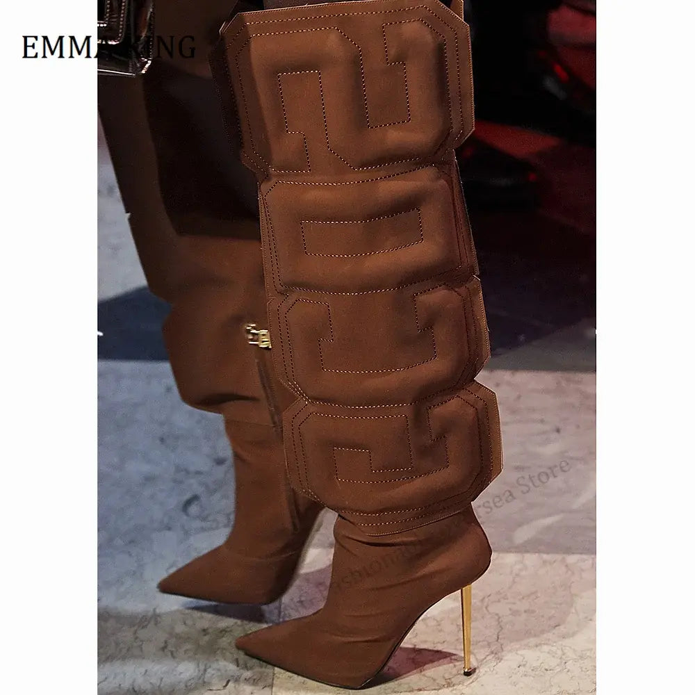 2021 Autumn Women Thigh High Boots Stretch Lycra Ladies Botas Mujer Unique Cube Letter Runway Shoes Iron Heels Botas Altas Mujer