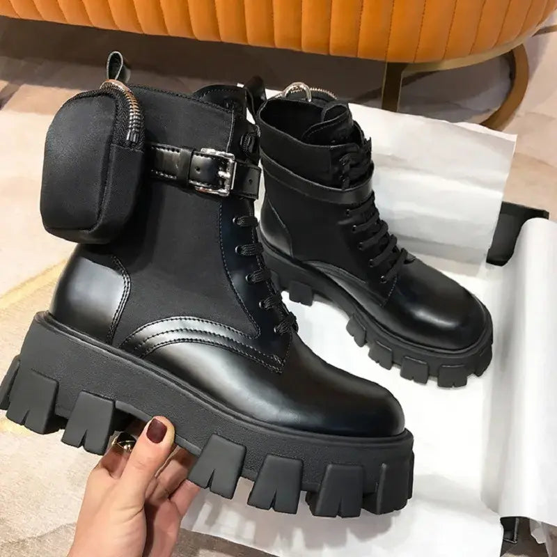 Black Punk Ankle Thick-soled Motorcycle Ankle Boots Women's Lace-up Spring Thick Heel Belt Buckle Pocket Designer Chunky Shoes