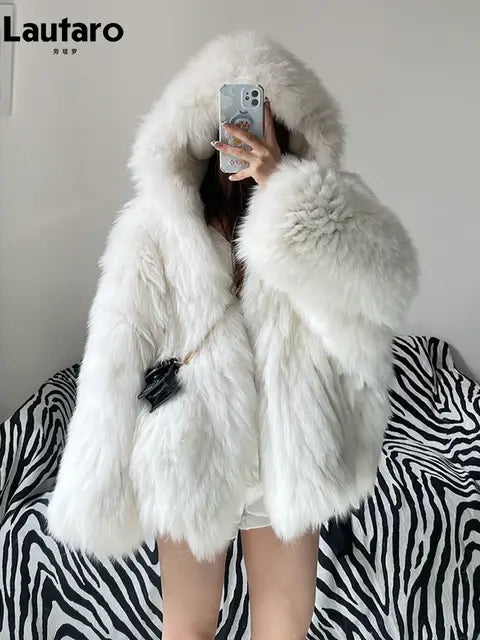 Lautaro Winter Shaggy Hairy Thick Warm Soft Colored Faux Fur Jacket Women with Hood Bat Sleeved Loose Casual Designer Clothes