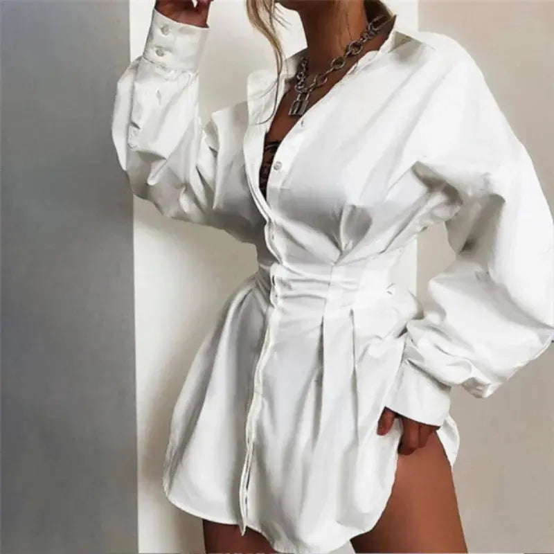 Shirt Dress Black White Shirt Solid Dark V Pleated Waist Sexy Fluffy Shirt Dress