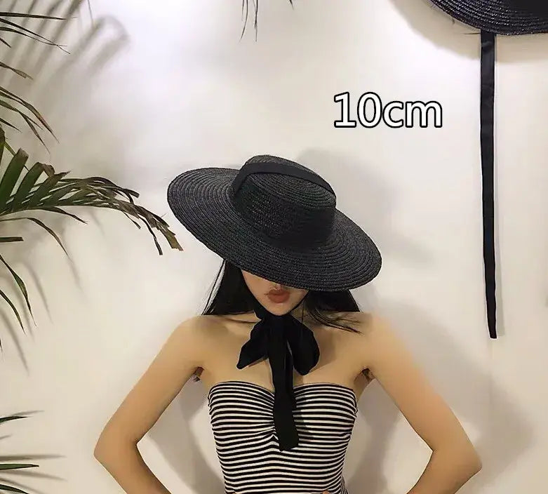 01811-axi summer natural handmade paper Designer style wind brim black leisure beach black ribbon lady fedoras cap  women  hat