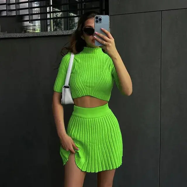 Elegant Solid Knit Skirts Sets Autumn Casual Short Sleeve Turtleneck Sweater and Mini Slim Skrts Two Piece Sets Party Clothing