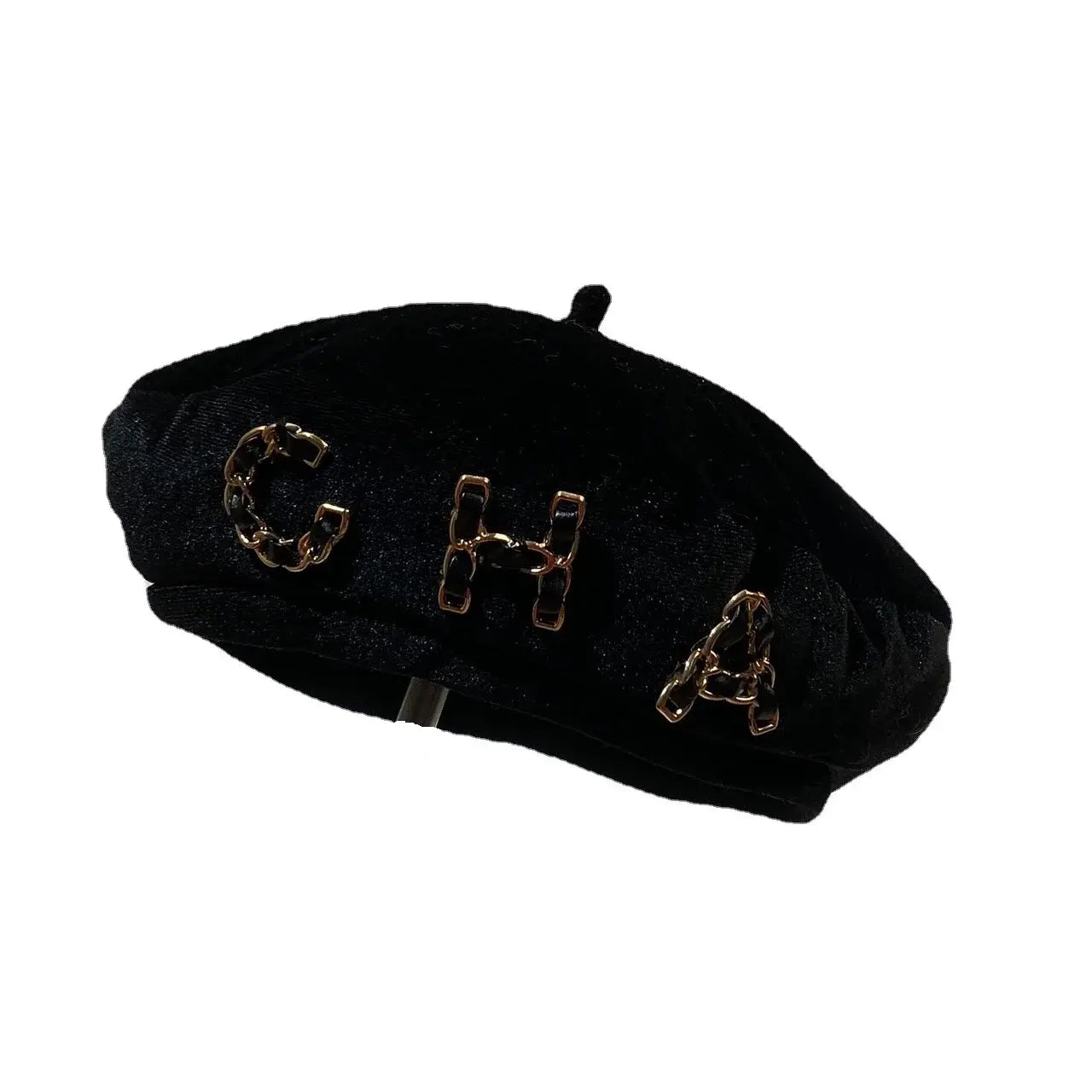 CHA chain letter beret female autumn and winter golden velvet black bud hat fashion French retro artist hat trend