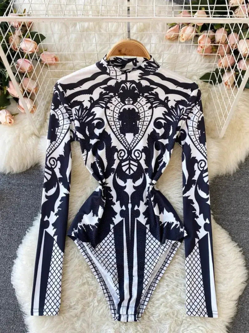 Women Bodysuit 2024 New Spring Fashion Diamonds Long Sleeve T-shirt Casual Streetwear Floral Print Sexy Skinny Bodycon Tops