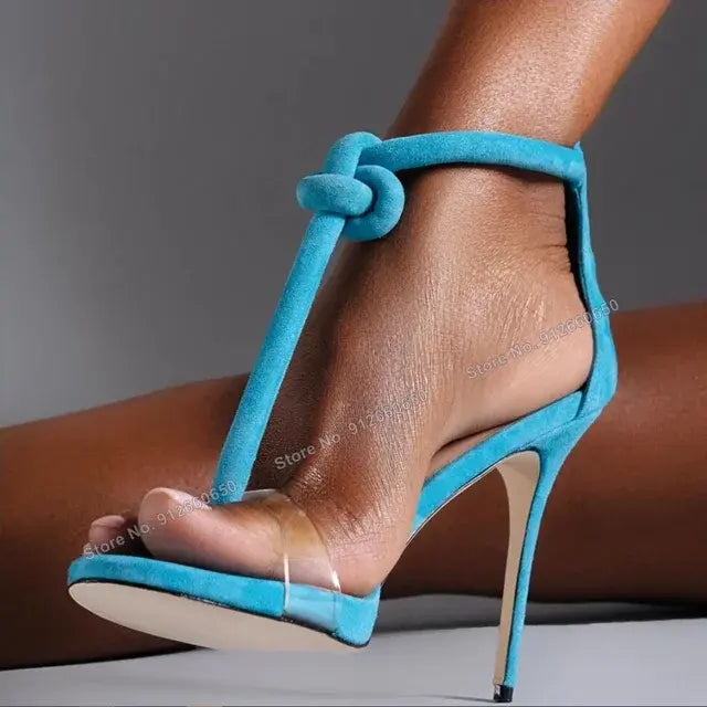 Abesire Blue Clear PVC T Strap Sandals Rope Decor Back Zipper Women Stilettos High Heels Summer Wedding Shoes Girl's Sandals