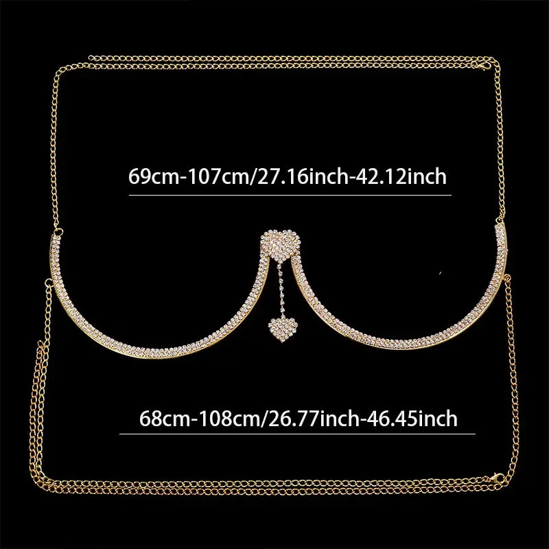 Chest Bracket Double Pendant Heart Bras Chain Necklace Body Jewelry Rhinestone Top Fashion Gift Beach Bikini Swimwear 2022 Women