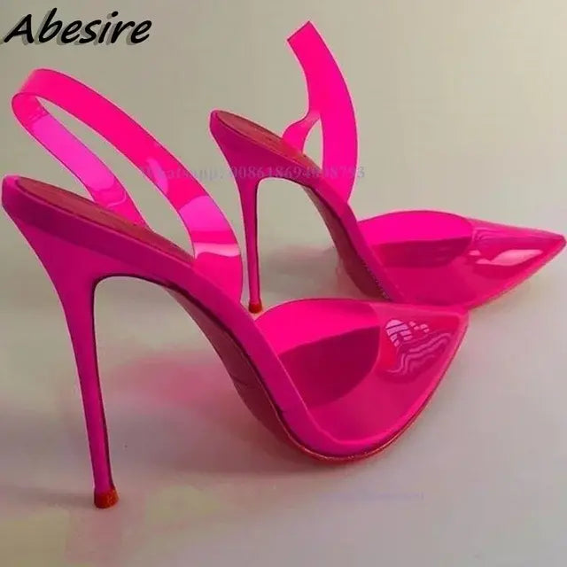 Abesire Clear Fuchsia Purple PVC High Heel Shoes Stiletto Heel Pointed Toe Transparent Wedding Pumps Designer Banquet Sandals