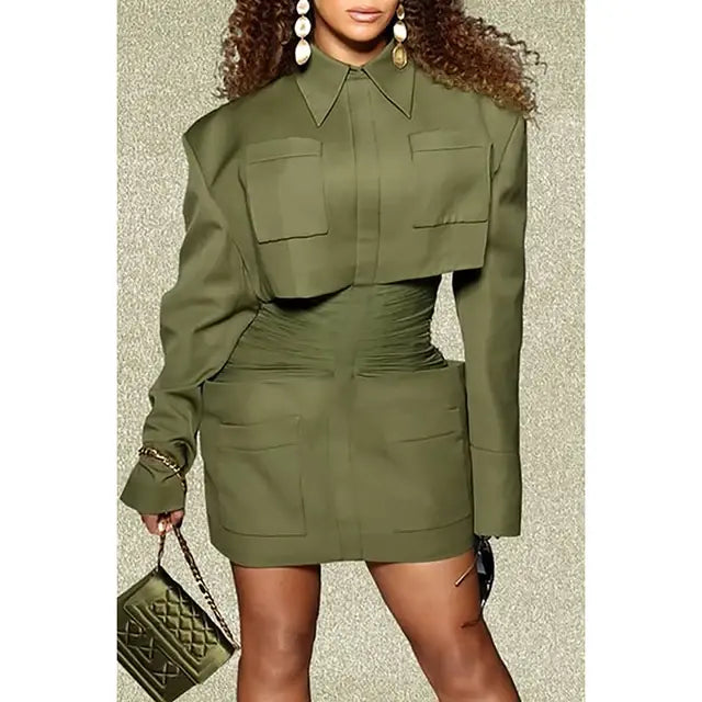 Plus Size Business Casual Dress Olive Green Ruffled Shirtdress Long Sleeve Mini Dress