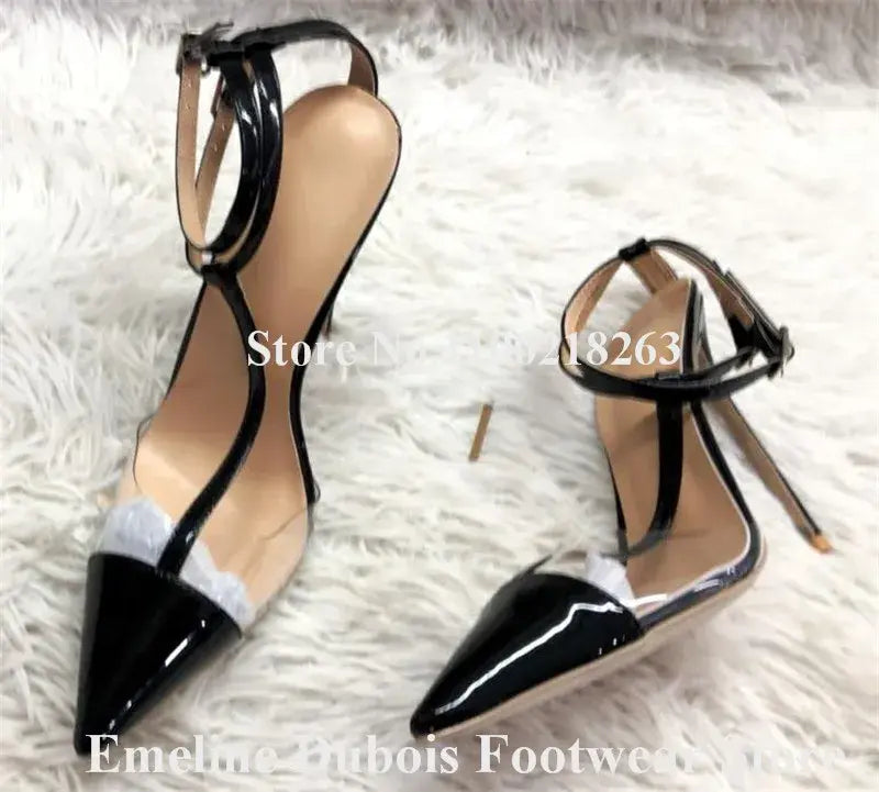 Wine Red PVC Pumps Pointed Toe Clear Transparent Patchwork Stiletto Heels Shoes Pink Green Ankle Straps 12cm High Heels