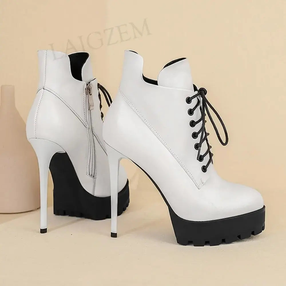 LAIGZEM Women Booties Genuine Leather Stiletto High Heels Side Zip Boots Donne Stivali Ladies Shoes Woman Large Size 38 39 42