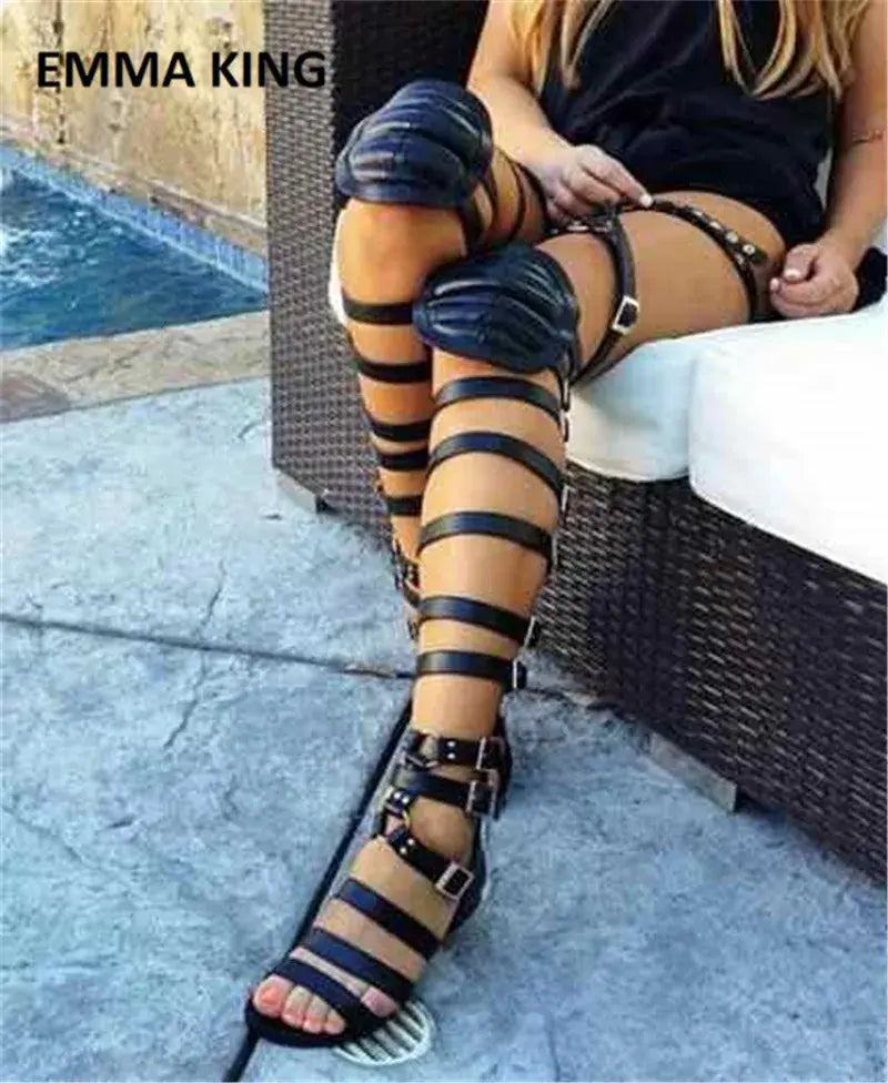 Summer Fashion Women Buckles Boots Over The Knee Boots Ladies Sexy Flat Boots Female Gladiator Boots Gold Leather Party Shoes