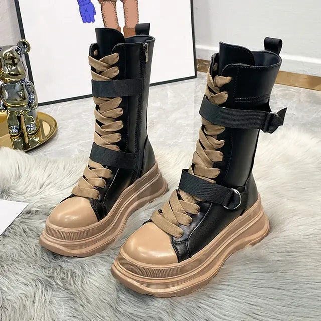 Stylis 2024 Cross Straps Female Platform Boots Autumn Winter Thick-soled Mid-tube Plus Velvet Ankle Boots Women