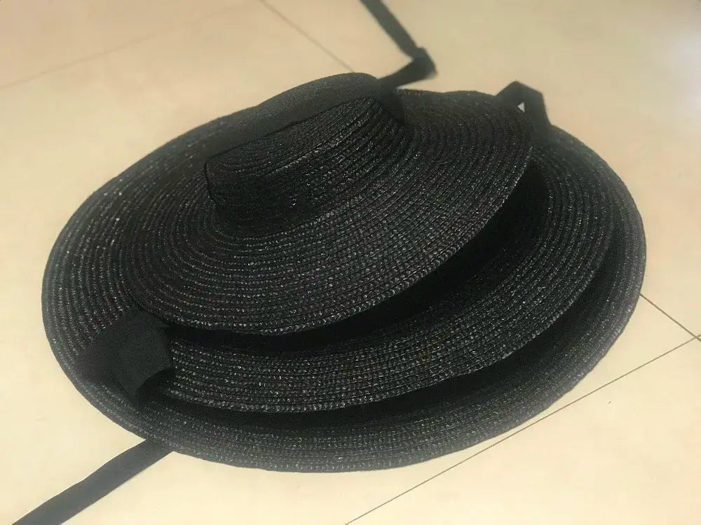 01811-axi summer natural handmade paper Designer style wind brim black leisure beach black ribbon lady fedoras cap  women  hat