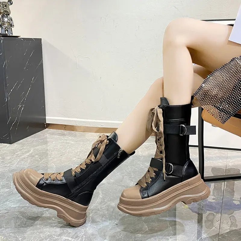 Stylis 2024 Cross Straps Female Platform Boots Autumn Winter Thick-soled Mid-tube Plus Velvet Ankle Boots Women