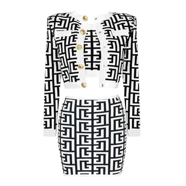 Fashion Celebrity Black White Jacquard Lady Set 3 Pieces Set Long Sleeve Rayon Bandage Set