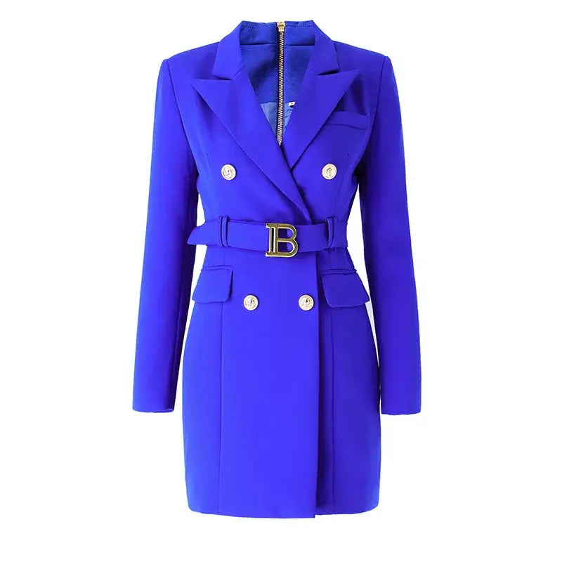 JUNE LIPS 2022 Top Quality Women Blue White Red Green Brown OL Office Blazer Dress with Belt Spring Design New Luxury Buttons