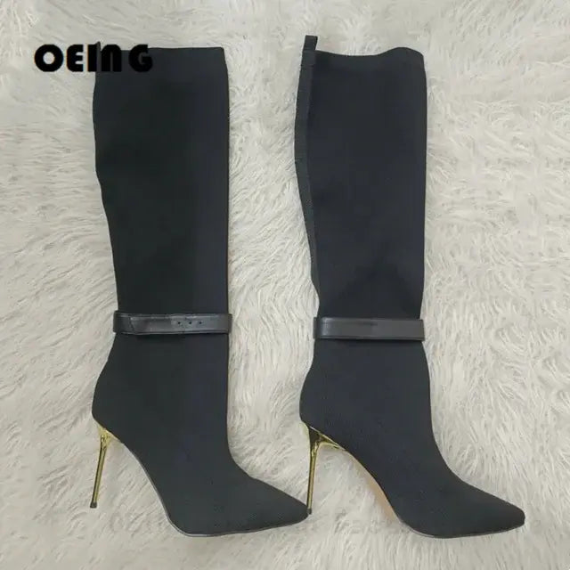 Women Stretch Sock Boots Fashion Monogram Knitting Boots Sexy Pointed Toe Golden Heels Thigh High Botas Fall Winter Shoes Woman