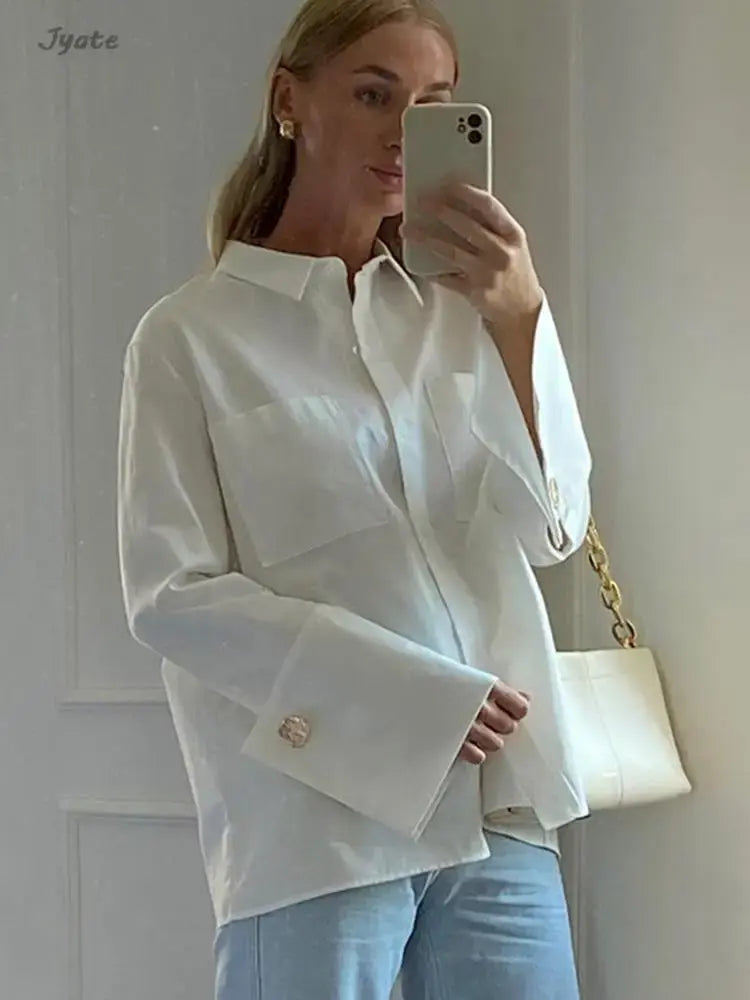 Jyate Fashion Woman Blouses 2024 Elegant Lapel Long Sleeve Office Lady Shirts Casual Loose White Pockets Tops Female Clothing