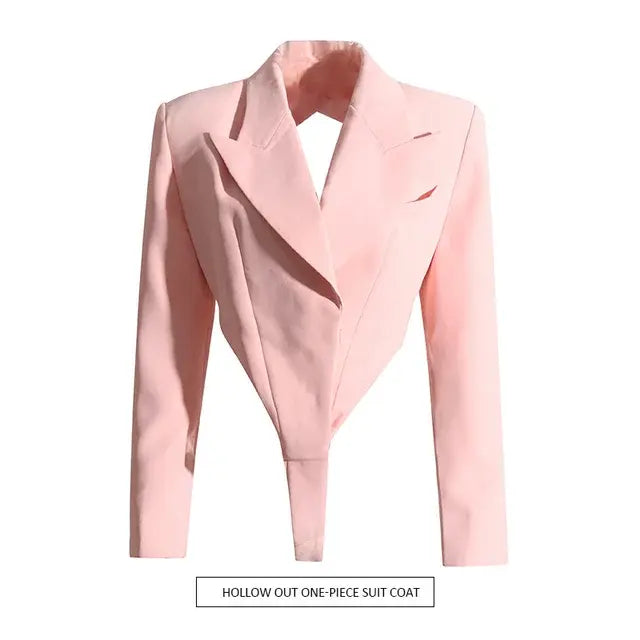 PREPOMP 2022 Autumn New Arrival Long Sleeve Turn Down Collar Hollow Out Backless Padded Shoulder Slim Pink Blazer Coat GH002