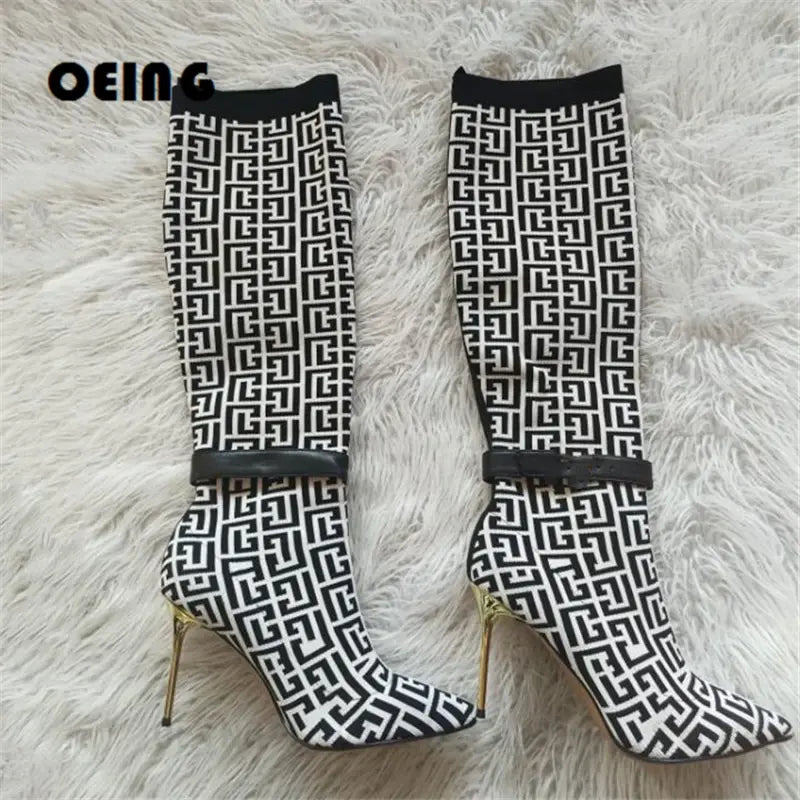 Women Stretch Sock Boots Fashion Monogram Knitting Boots Sexy Pointed Toe Golden Heels Thigh High Botas Fall Winter Shoes Woman