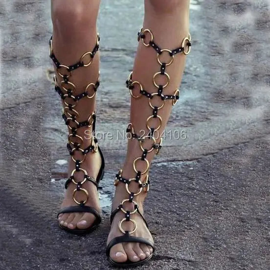 Botas Mujer Black Leather Knee High Booties Cut Outs Summer Boots Gold Metal Rings Studded Shoes Woman Gladiator Flat Sandals