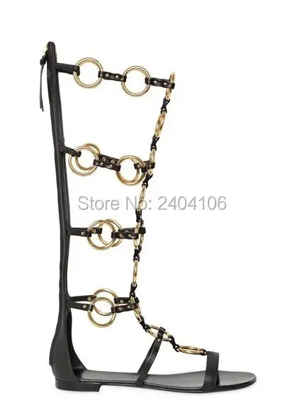 Botas Mujer Black Leather Knee High Booties Cut Outs Summer Boots Gold Metal Rings Studded Shoes Woman Gladiator Flat Sandals