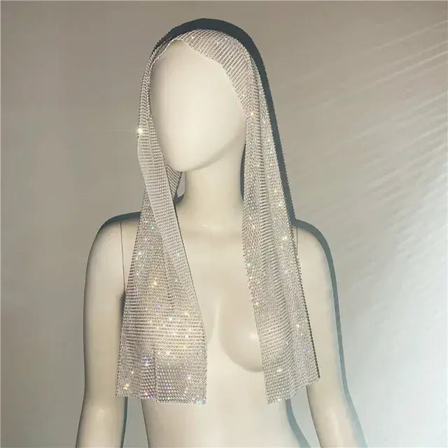 FestivalQueen Shiny Diamonds See Through Fishnet Headscarf Hollow Out Glitter Rhinestone Black Head Top Nightclub Party Fashion