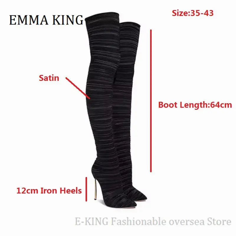 2020 Comfortable Stretch Fabric Sock Boots 12cm Metal Heels Over the Knee Thigh High Boots Sexy Point toe Stilettos Long Botas