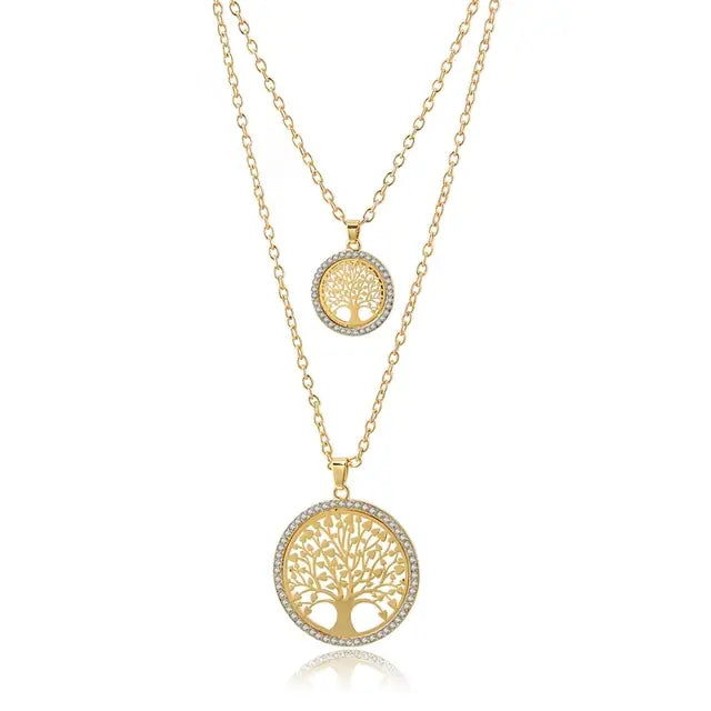 CHICVIE New Round Shape Tree Of Life Layered Necklace Pendants Gold Jewelry Chain Statement Stainless Steel Necklaces SNE180062