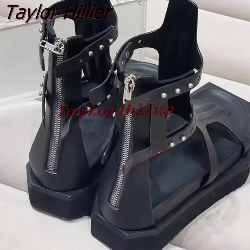 Sponge Cake Thick-Soled Hollow Roman Sandals Metal Rivets Belt Buckle Back Zipper Open-Toed Women'S Shoes Fashion All-Match 44