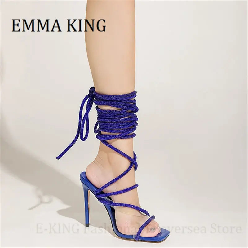 Women Crystal Embellished Lace Up Sandals Elegant Square Toe High Heels Sandals Adjustable Ankle Strap Sandals Party Dress Shoes