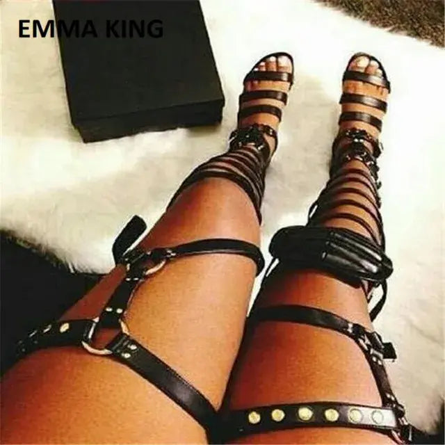 Summer Fashion Women Buckles Boots Over The Knee Boots Ladies Sexy Flat Boots Female Gladiator Boots Gold Leather Party Shoes