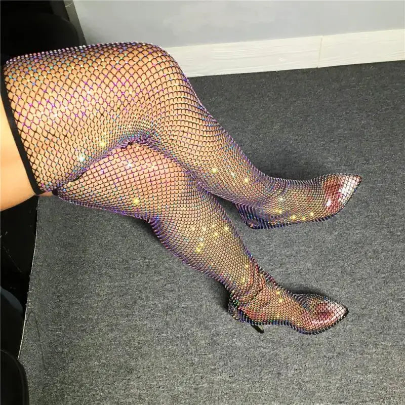 Hot Woman Black Bling Bling PVC Clear Sequins Diamond Fishnet Cuts Out Pointed Toe Heel-Strap Over The Knee Thigh Socks Boots