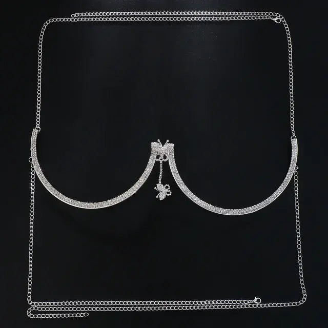 Chest Bracket Double Pendant Heart Bras Chain Necklace Body Jewelry Rhinestone Top Fashion Gift Beach Bikini Swimwear 2022 Women