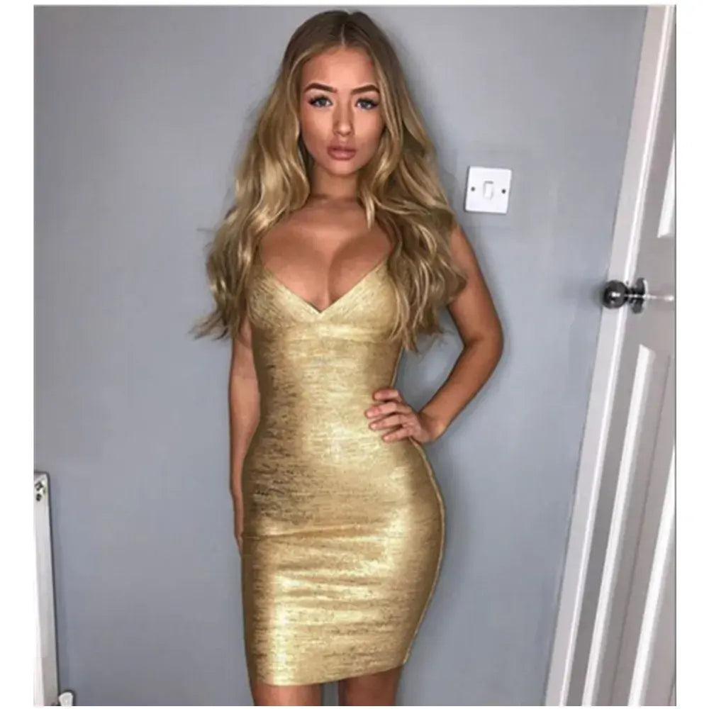 Women Summer Fashion Sexy V Neck Bronzing Silver Gold Dress 2024 Knitted Elastic Designer Evening Party Club Dress Female