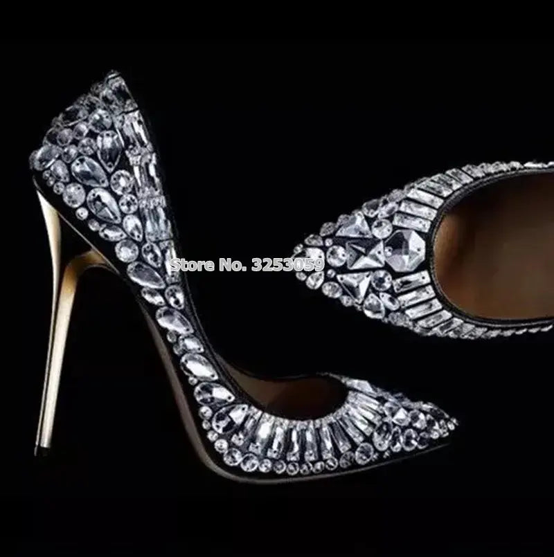 ALMUDENA Women Bling Bling String Beaded Wedding Shoes Silver Black Pointed Toe Banquet Party Shoes Glittering Dress Pumps