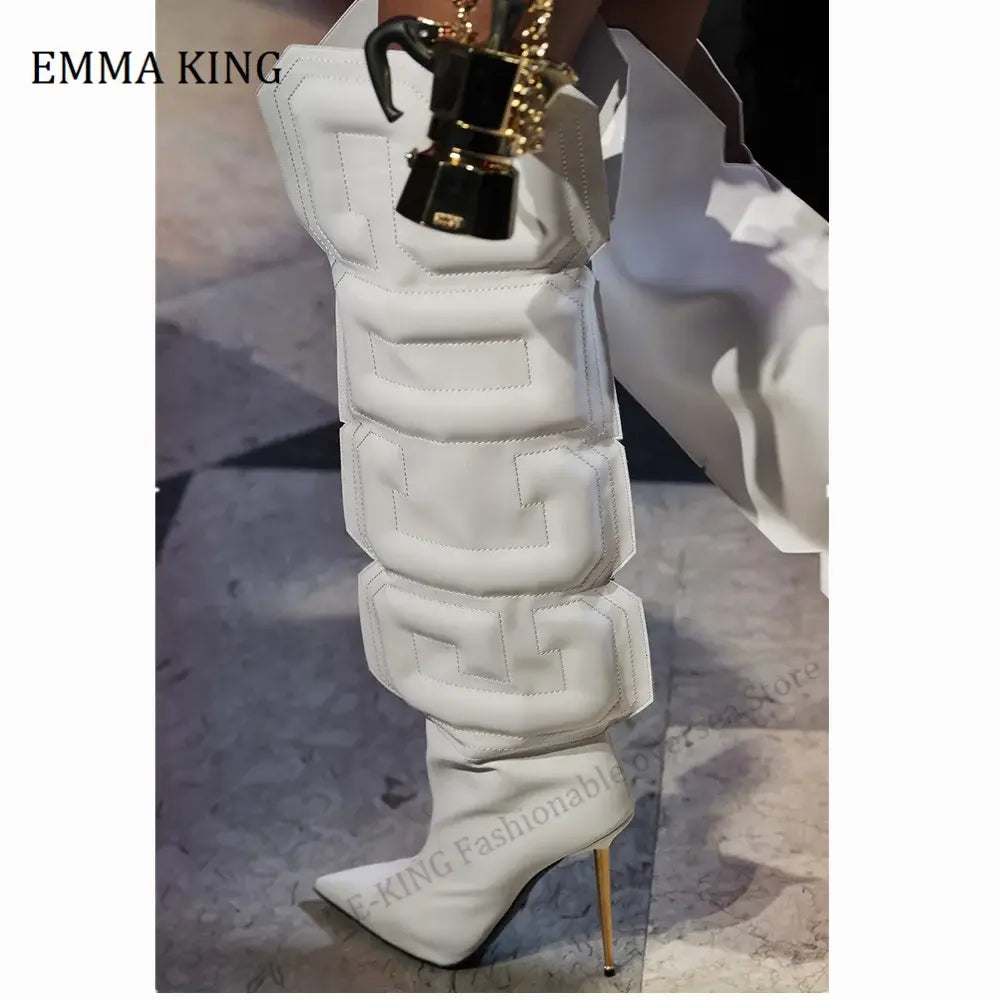 2021 Autumn Women Thigh High Boots Stretch Lycra Ladies Botas Mujer Unique Cube Letter Runway Shoes Iron Heels Botas Altas Mujer